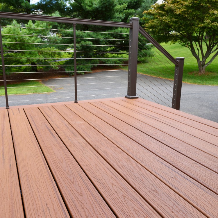 Wooden backyard deck with railing